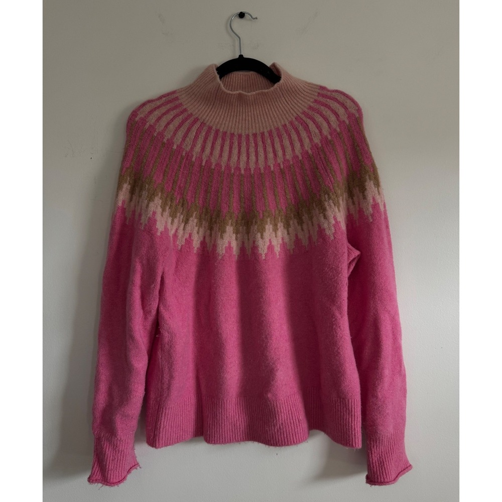 J.Crew Pink Fair Isle Mock Neck Sweater Merino Wool Alpaca Blend Womens Medium